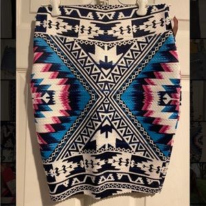 Pencil skirt— thick, stretchy fabric. Bright and fun, while comfy!